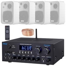 Pyle PDA99BU Home Amplifier Receiver, 4x 4" 30W Indoor/Outdoor Box-Speaker, Wire
