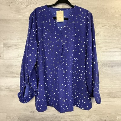Unbranded Shirt Womens 2XL Blue White Star Print Long Sleeve Blouse Polyester
