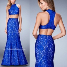 LA FEMME 2 Piece Blue Embellished Floral Lace Gown Crop Top Mermaid Maxi Skirt 6