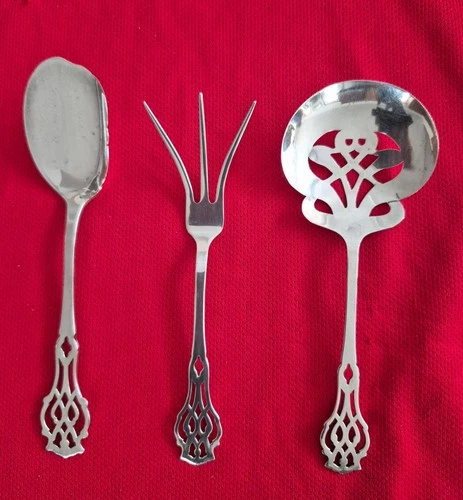 LUNT STERLING SILVER 3 PIECE HOSTESS SERVING SET CHIPPEDALE PATTERN c1910 VG-EXE