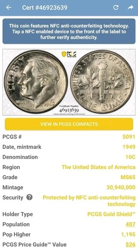 1949 10C Roosevelt Dime PCGS MS65 6809