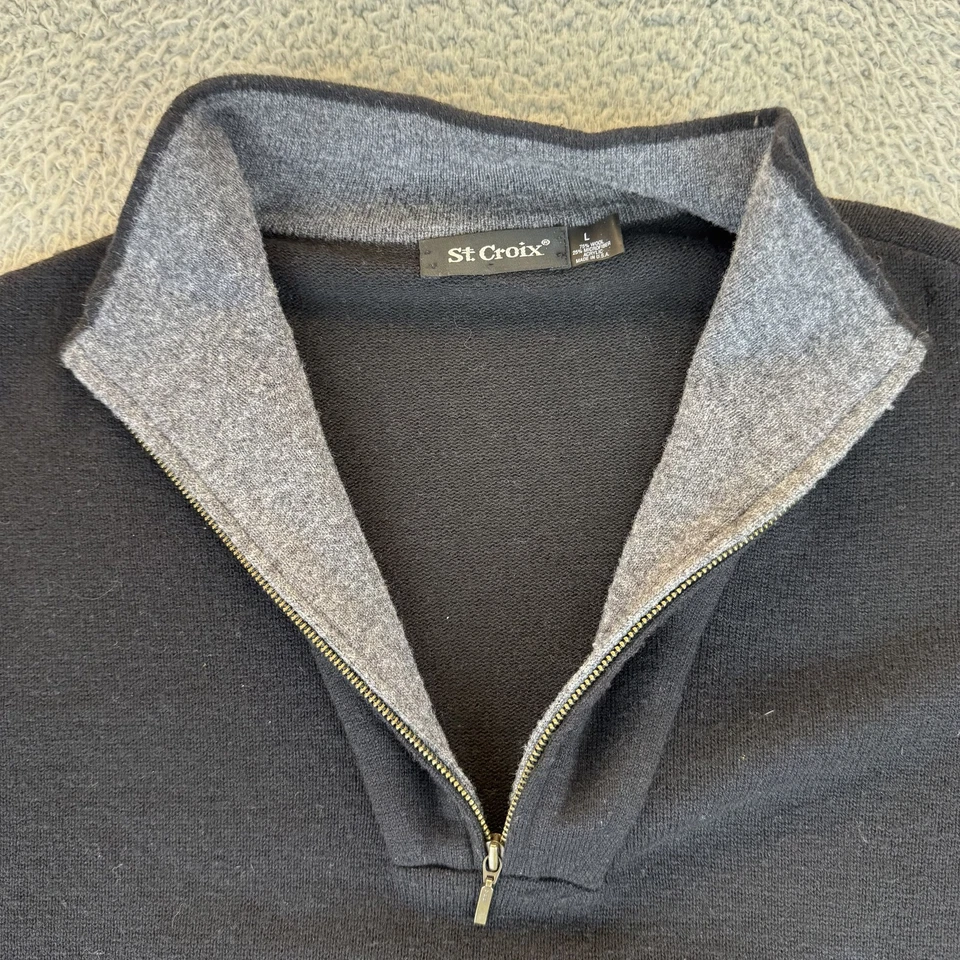 St Croix Sweater Mens Large Black Wool Blend Half Zip Pullover Made USA Classic - Image 3 of 4