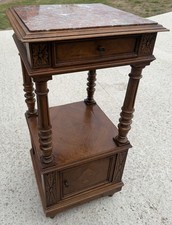 Antique French Dark Wood Bedside Table Marbled Stone Top 1 Drawer 40x40x84