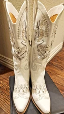 White Western Cowgirl Boots for Women Embroidered Rhinestones Knee High, Sz 11