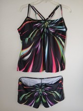 Womens 2 Piece Swimsuit Size XXL/ 2XL Built In Bra Tankini Boy Short Black Multi