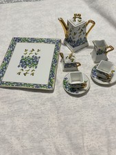 Miniature Porcelain Tea Set Tray Butterflies Iris Flowers Gold Trim Asian Style