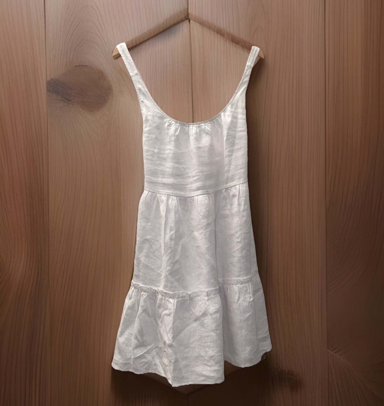 Saks Fifth Avenue White 100% Linen CrissCross Back Straps RuffleTired Hem XL