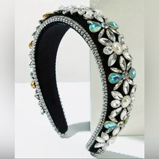 Elegant Black and Blue Floral Embellished Headband