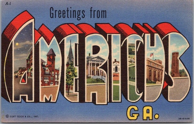 AMERICUS, Georgia Large Letter Greetings Postcard 8 City Scenes / Curteich Linen