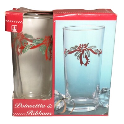 Vintage Anchor Hocking Poinsettia & Ribbons 4pc Iced Tea Glasses 15 oz Christmas