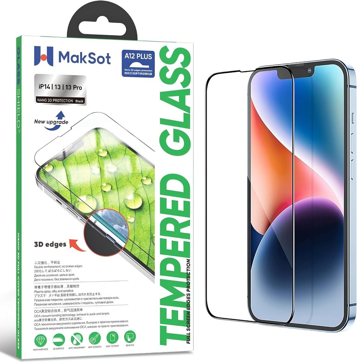 MAKSOT IP 14/13/13PRO NANO 3-D Protection Black Tempered Glass 3D Edges