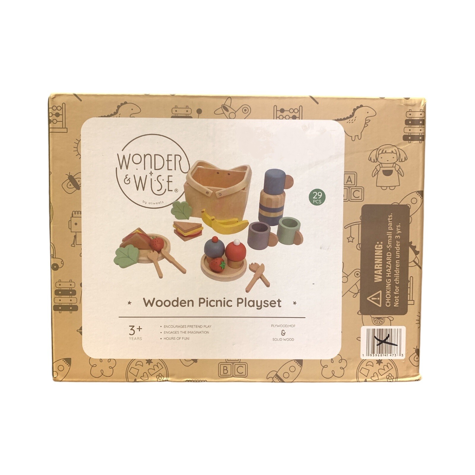 Деревянный игровой набор для пикника Wonder - Wise из 29 предметов, Бутылка для воды/Набор для фруктов и овощей