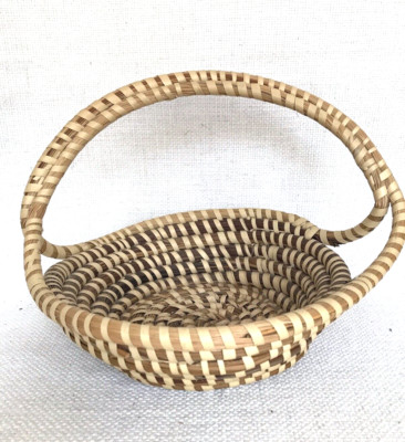 Vintage 80s GULLAH Basket Sweetgrass 10-inch Round Handle Low Country Folk Art