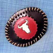 Western Cattle Skull Belt Buckle Custom Artisan Tooled Leather Vtg 80s .QRT853