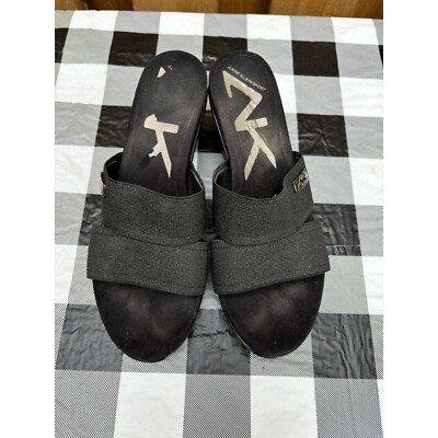 Anne Klein Sport Pleasant Black Patent Leather Gold Wedge Slide Sandle 