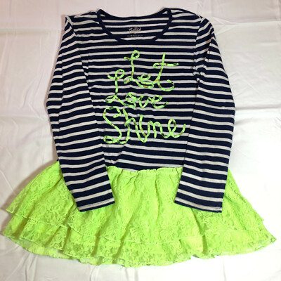 Justice Girls Size 12 Dress Navy White Stripe Lime Green Lace Let Love  Shine | eBay