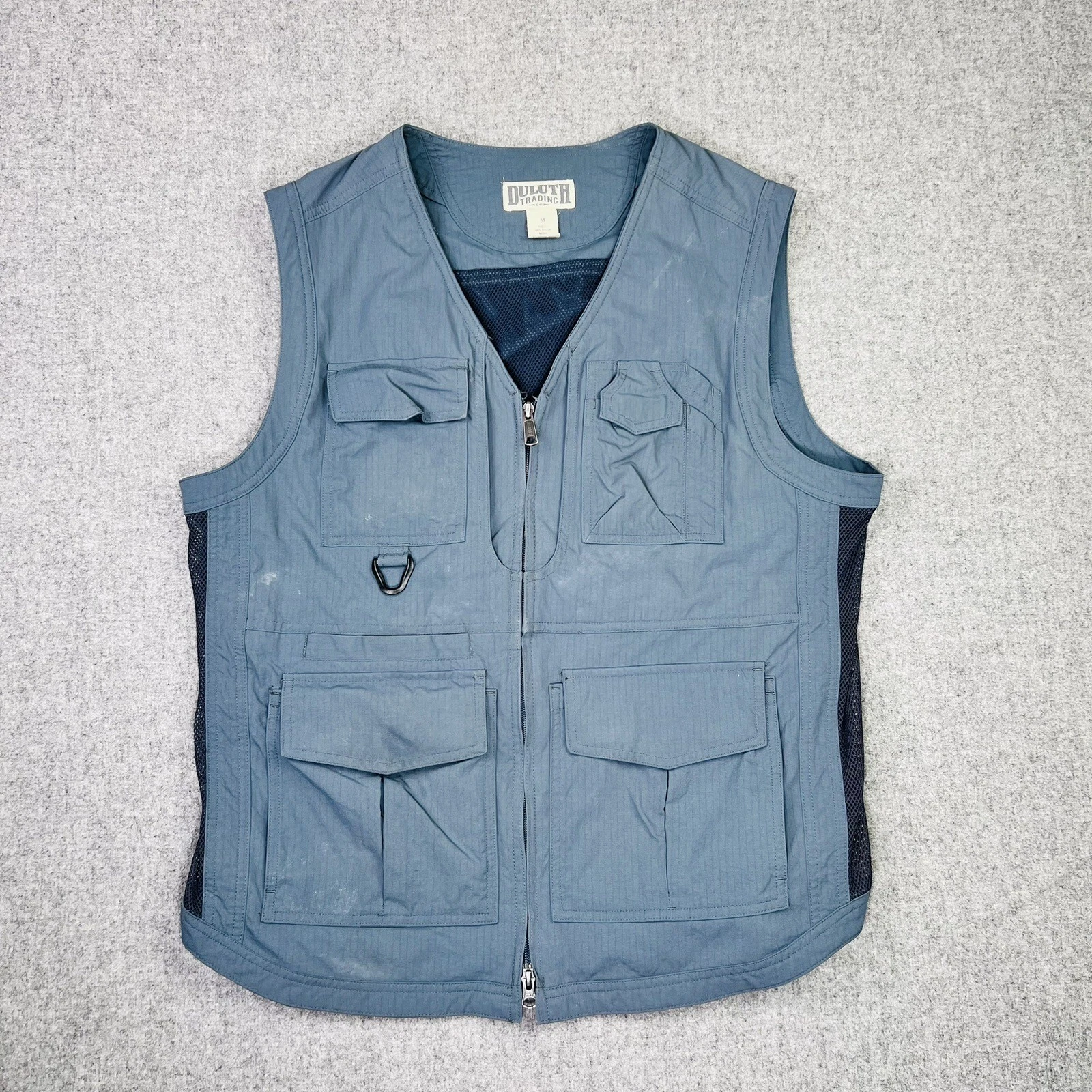 Duluth Trading Co Fishing Vest Men's Med Blue Gray Utility Work Cargo Dual Zip