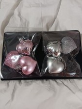 6 VALENTINE'S DAY PINK AN SILVER HEART ORNAMENTS FOR DECORATING PLASTIC  