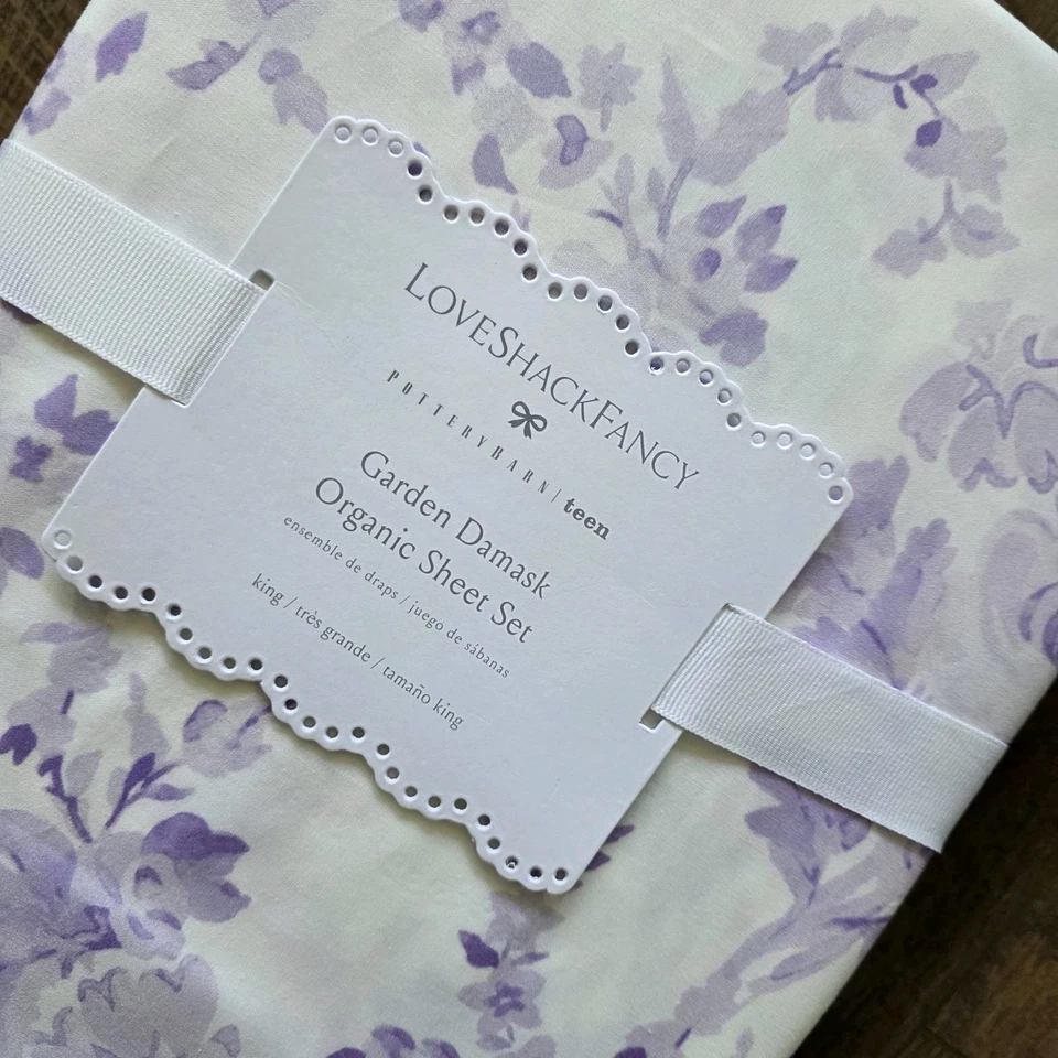 Nuevo Juego de Sábanas Pottery Barn LoveShackFancy Jardín Damasco Orgánico KING Lavanda Foto 4 de 4