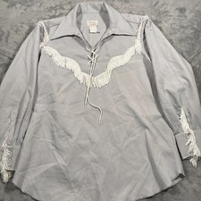 Vintage H Bar C California Ranchwear Western Fringe Shirt Mens Large Gray Retro