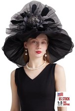 Women's Kentucky Derby Church Dress Hat Wide Brim Leaf Flower 01-black, Grey