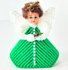 1970s Plastic Canvas Yarn Angel Ornament Tree Topper Kitsch Handmade Green Beads