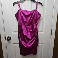 WOMENS HONEY &ROSIE MAGENTA FAUX WRAP SATIN DRESS W/ADJUSTABLE STRAPS LARGE