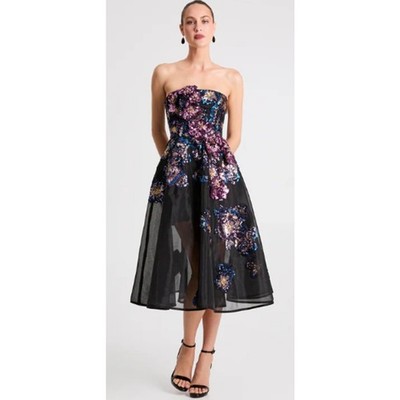 Helsi Valeria 3D Floral Strapless Midi Dress Black Wedding Guest Sz Medium  NWT | eBay