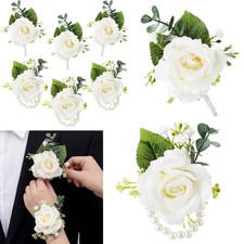 6 Pcs Rose Corsage Boutonniere Set Wrist Corsage Bracelets, White