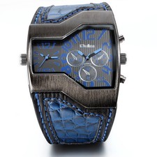 OULM Mens Military Watch Dual Time Zones Leather Strap Large Dial Quartz Gift