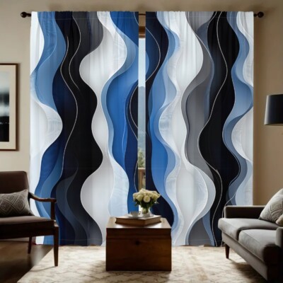 2Pcs Abstract Blue Wave Line  Window Curtains Drapes Bedroom Living Room Kitchen
