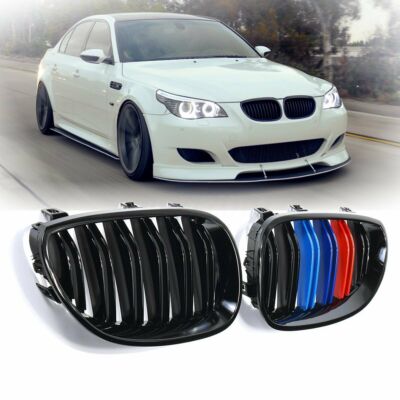 Grilles De Calandre Avant Noires Brillantes Pour BMW Série 5 E60 E61 M5 2004-2009 - Paire - Style Double Lamelles