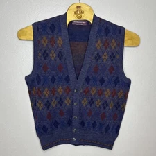 Vintage John Ashford Men’s Wool Blend Sweater Button Vest Argyle Size Large
