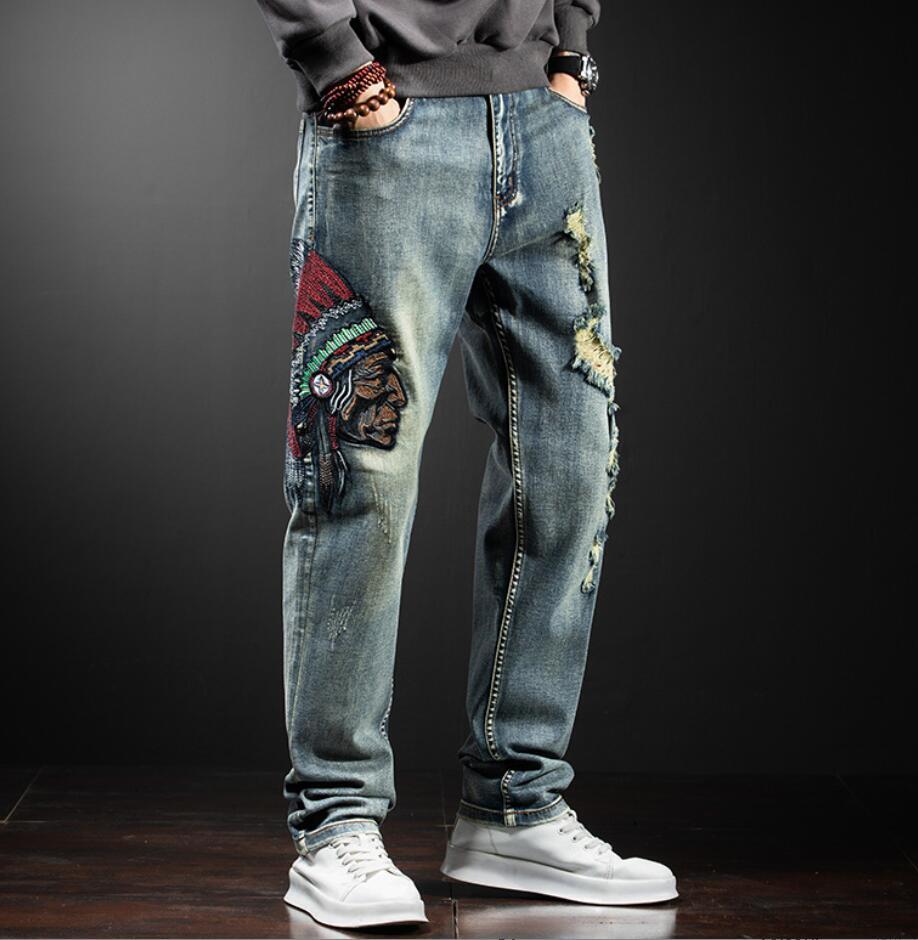 Men Blue Indian Embroidery Ripped Holes Denim Jeans Straight Leg Pants  Trousers