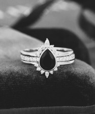 1.25Ct Black Pear Cut Onyx Trio Wedding Ring Set in Solid 925 Sterling Silver