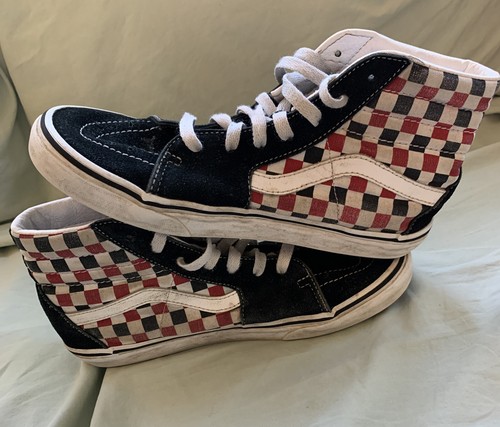 high top checkered vans red
