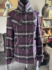 Green With Envy Womens Maroon Plaid Wool Blend Double Breasted Pea Coat M New!