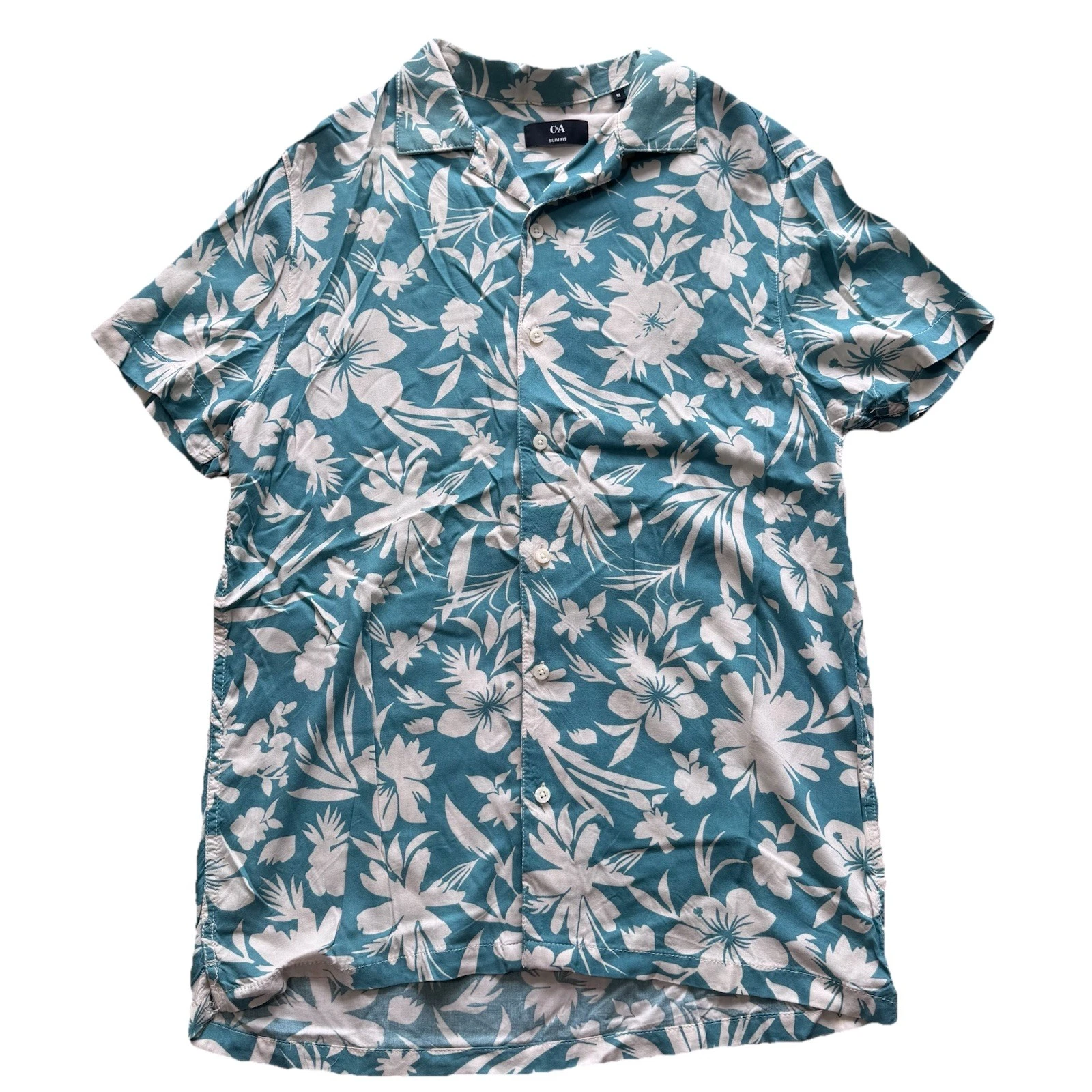 Mens Tropical Hawaiian Shirt Slim Fit Teal White Floral Size M