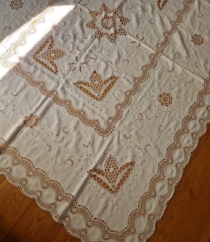 Antique Edwardian large lace embroidered flowers tablecloth for repurposing