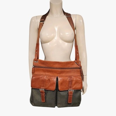 BOSCA Vtg Tan Brown Leather Green Ballistic Nylon Slim Laptop Messenger Bag