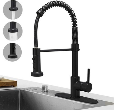 Hoimpro Matte Black Spring Kitchen Faucet Pull Down Sprayer 3-Function Brass 1/3