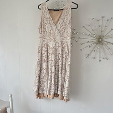 PattyBoutik Beige/Ivory Lace A-Line Dress, Sleeveless V-Neck Knee Length XL