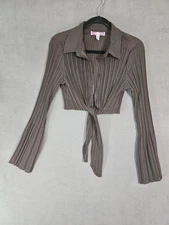 Urban Outfitters Medium Crop Open Front Tie Brown Preppy Flare Long Sleeve Pleat