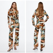 Mango MNG Long Retro Print 70's Jumpsuit Mod V Neck Wide Leg Size Large