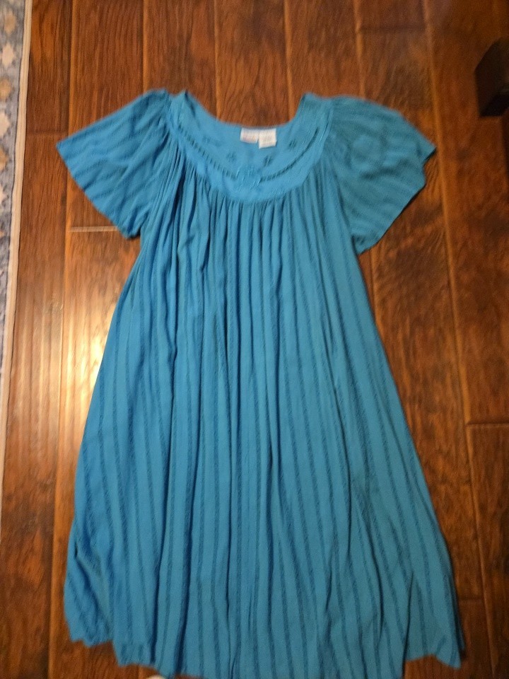 Only Necessities Lg Turquoise Blue Embroidered Flutter Sleeve Muumuu Dress Boho