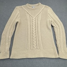 LL Bean Signature Women Cable Knit Fisherman Sweater Size Small Cotton Beige