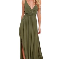 Lulus Womens Olive Green Crinkle Rayon Maxi Dress Backless Cutout Strappy Size S