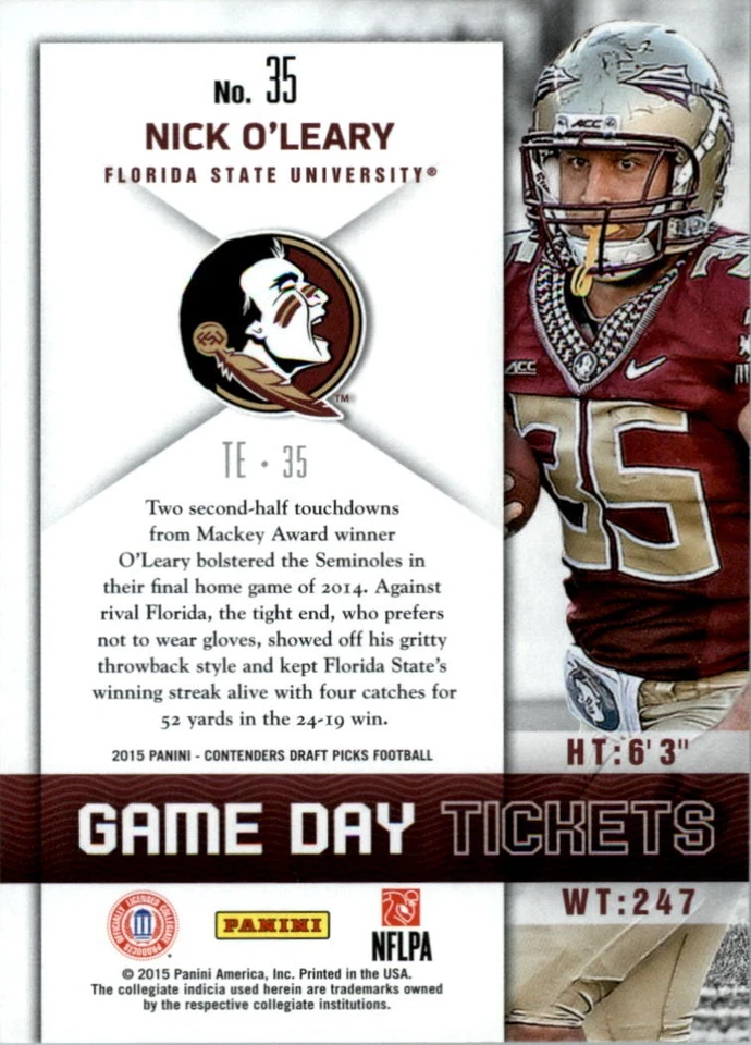2015 Panini Contenders Draft Picks Game Day Tickets #35 Nick O'Leary - FB - Image 2 of 2
