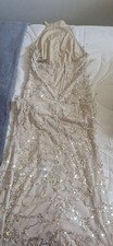 PrettyLittleThing Beige Sequin Mesh Sheer Halter Long Gown Dress UK 10
