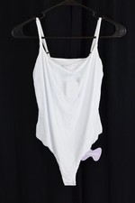 MANGOPOP Womens Cami Thong Bodysuit Double Lined Square Neck White Size S